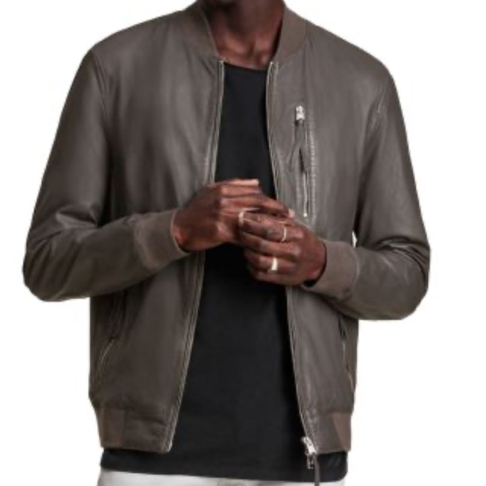 All Saints Boyton Bomber Leather Jacket Grey Small